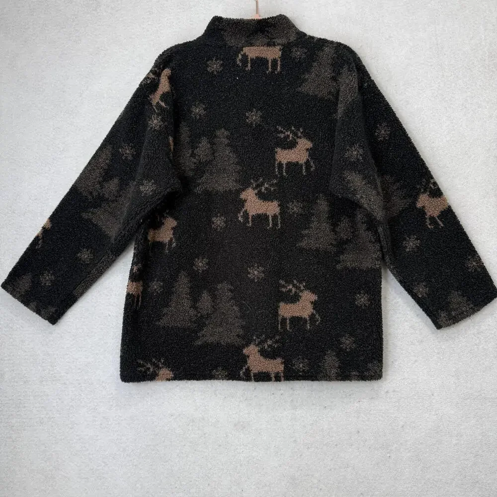 Alias Sweater Womens Large Black Fleece 1/4 Zip Reindeer Trees Mock Neck cabin